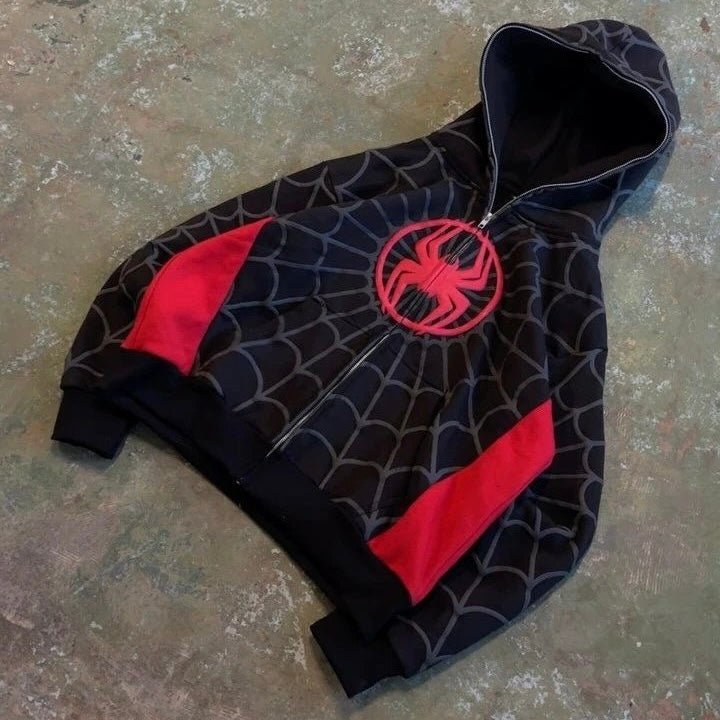 Spider Web Graphic Zip Hoodie – Unisex Oversized Streetwear Superhero Hoodie