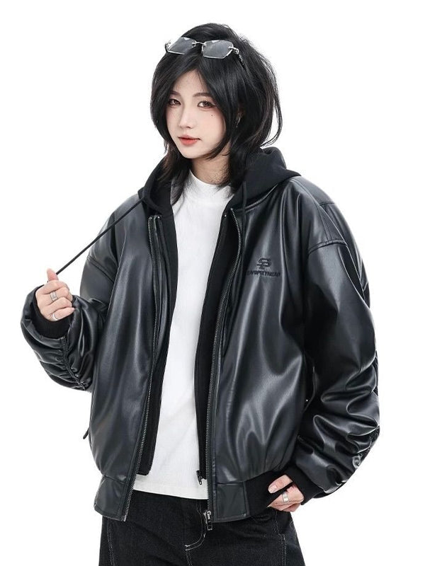 Oversized Faux Leather Hooded Zip-Up Jacket | Unisex Streetwear Hoodie