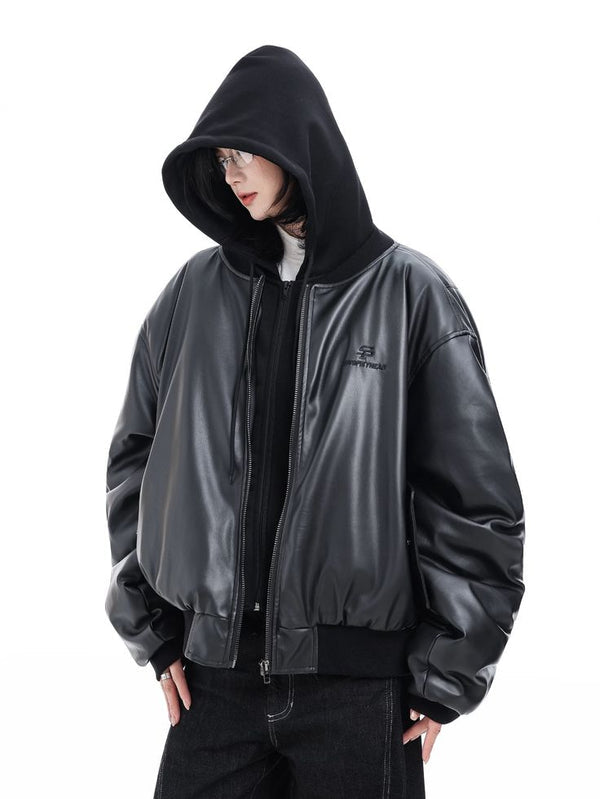 Oversized Faux Leather Hooded Zip-Up Jacket | Unisex Streetwear Hoodie