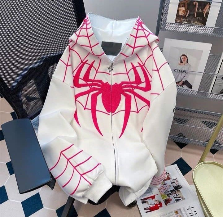 Spider Web Graphic Zip Hoodie – Unisex Oversized Streetwear Superhero Hoodie