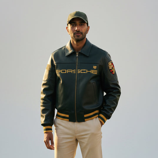 Porsche Varsity Leather Jacket – Limited Edition Dark Green Bomber with Embroidered Porsche Crest & Retro Racing Details