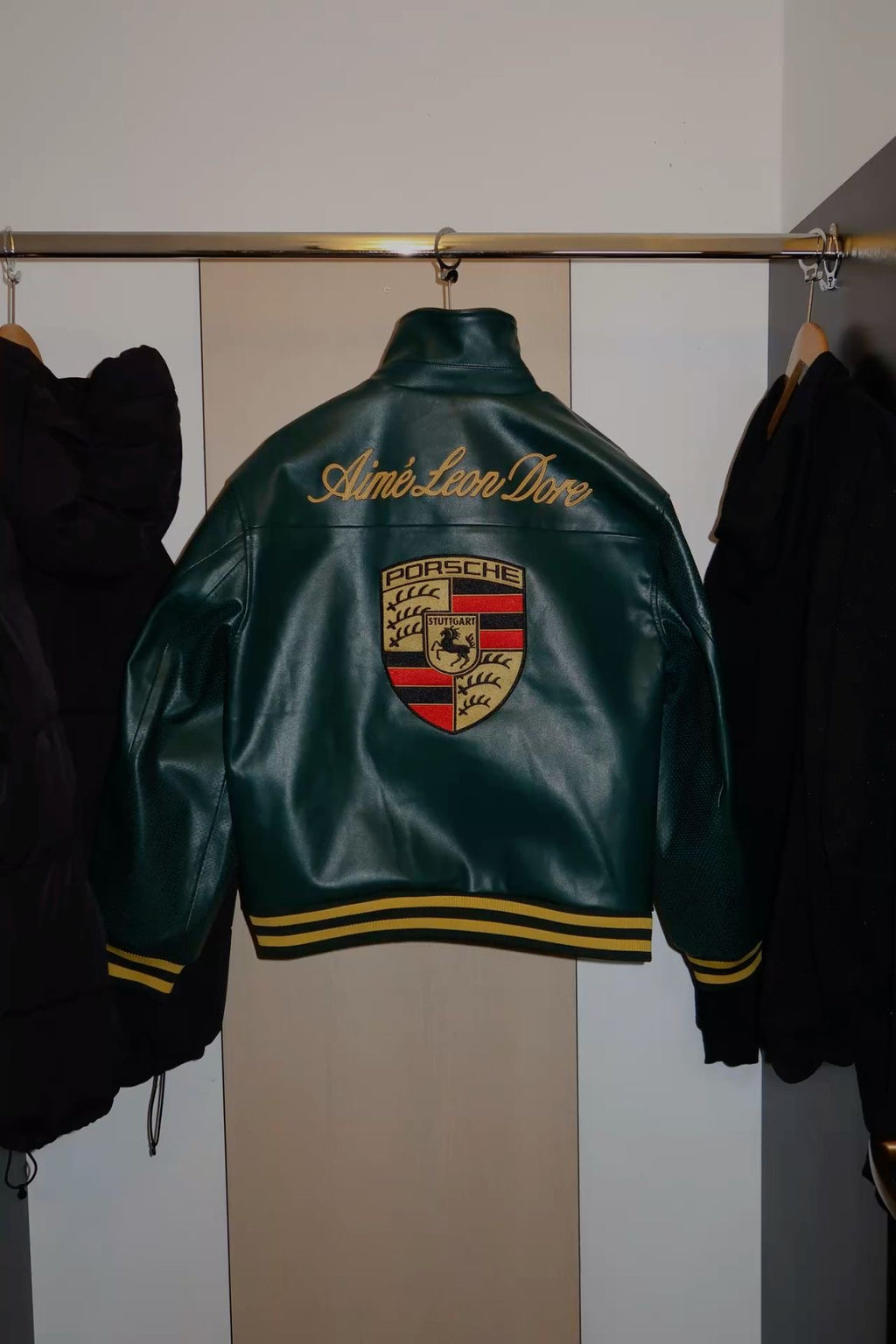 Porsche Varsity Leather Jacket – Limited Edition Dark Green Bomber with Embroidered Porsche Crest & Retro Racing Details