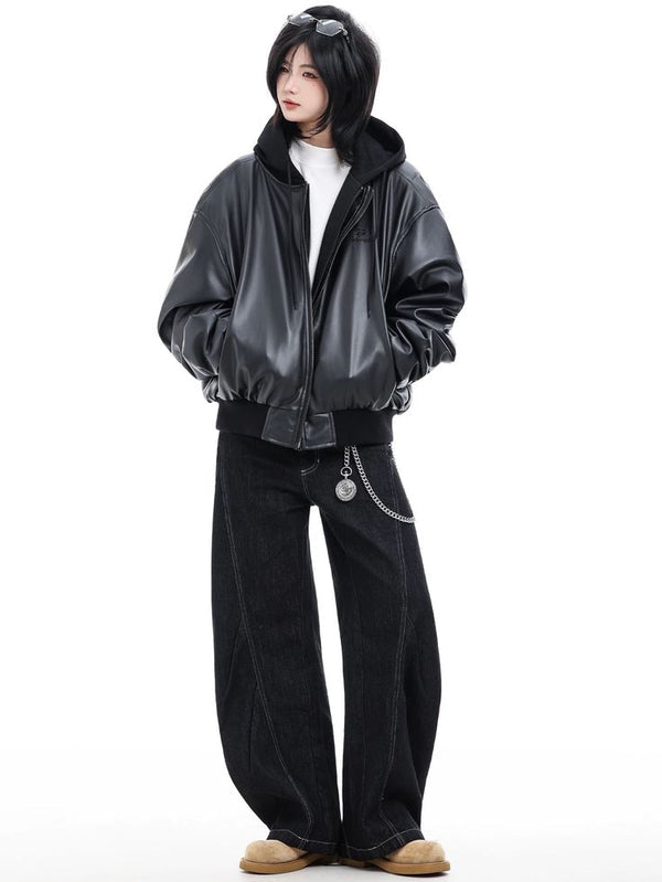 Oversized Faux Leather Hooded Zip-Up Jacket | Unisex Streetwear Hoodie
