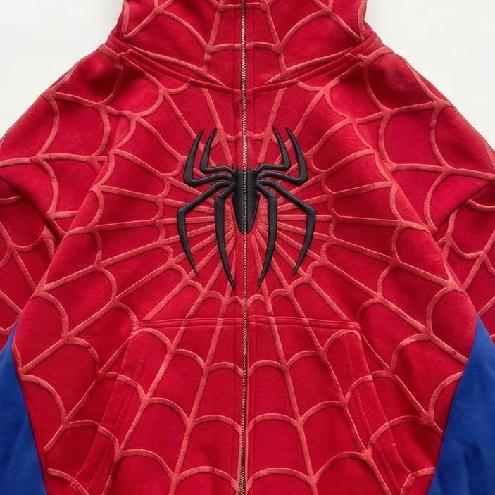 Spider Web Graphic Zip Hoodie – Unisex Oversized Streetwear Superhero Hoodie
