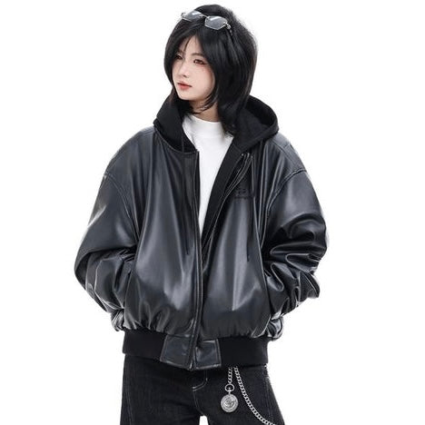 Oversized Faux Leather Hooded Zip-Up Jacket | Unisex Streetwear Hoodie