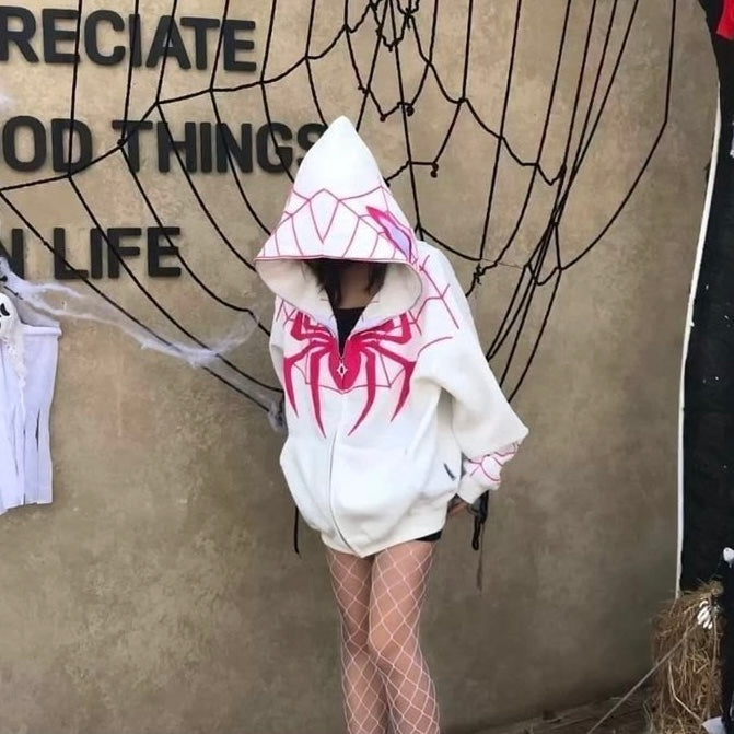 Spider Web Graphic Zip Hoodie – Unisex Oversized Streetwear Superhero Hoodie