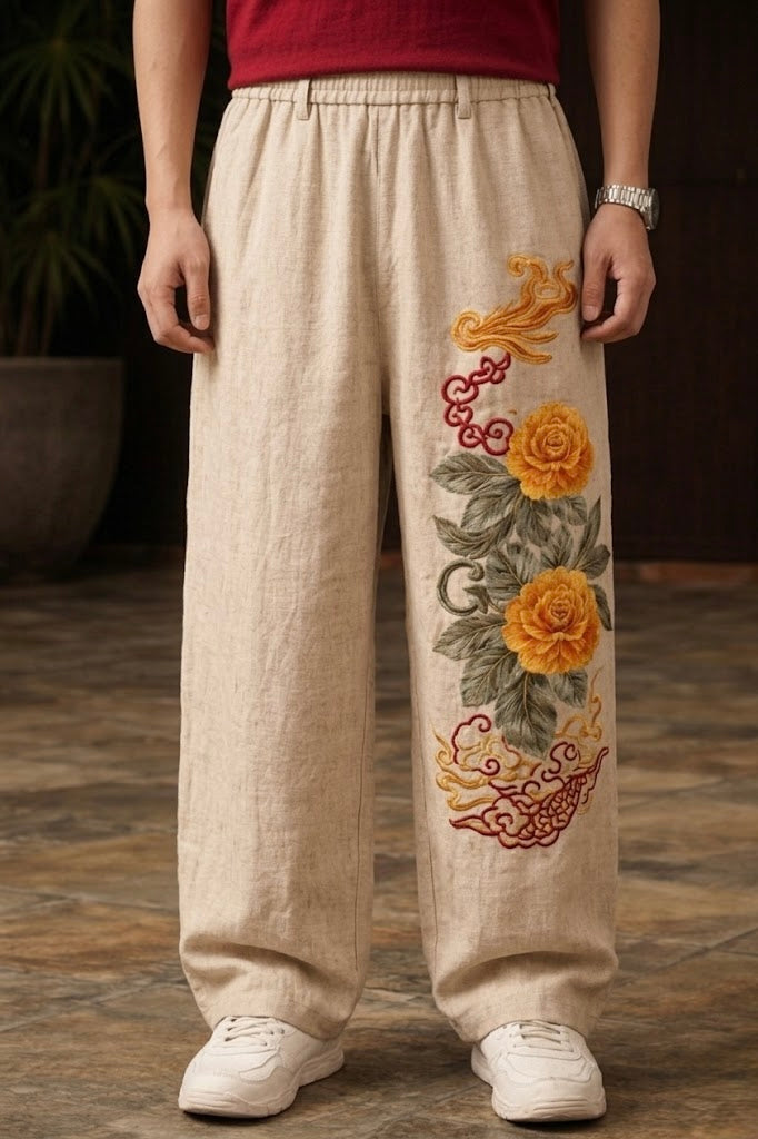 Chinese Baggy Pants for Unisex - Traditional Floral Embroidery | UnMerch