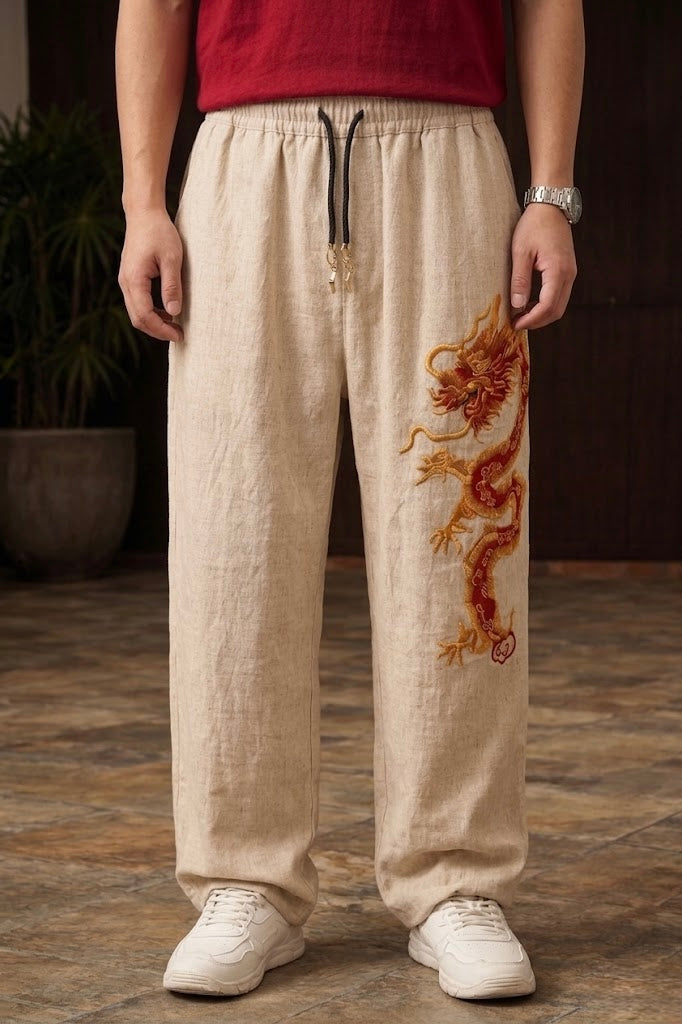 Chinese Dragon Baggy Pants for Unisex - Red & Gold 3D Embroidery | UnMerch