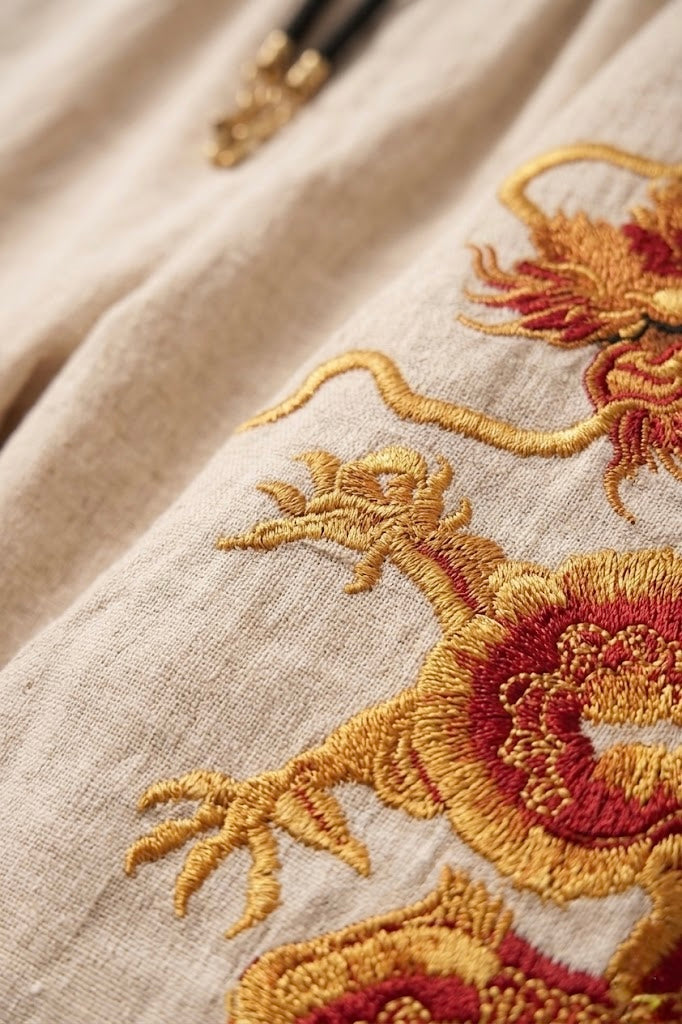 Chinese Dragon Baggy Pants for Unisex - Red & Gold 3D Embroidery | UnMerch