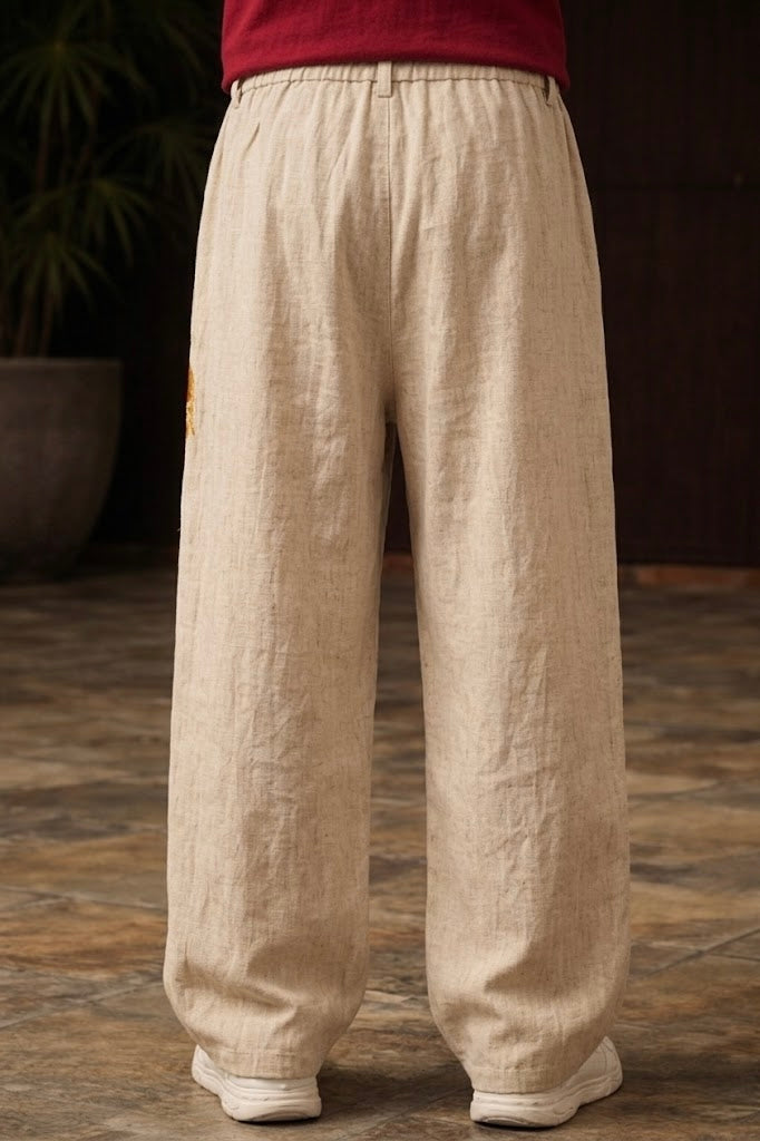 Chinese Dragon Baggy Pants for Unisex - Red & Gold 3D Embroidery | UnMerch