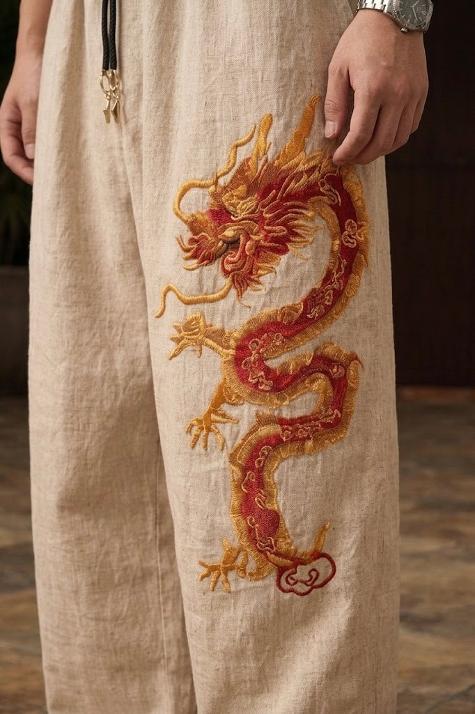 Chinese Dragon Baggy Pants for Unisex - Red & Gold 3D Embroidery | UnMerch