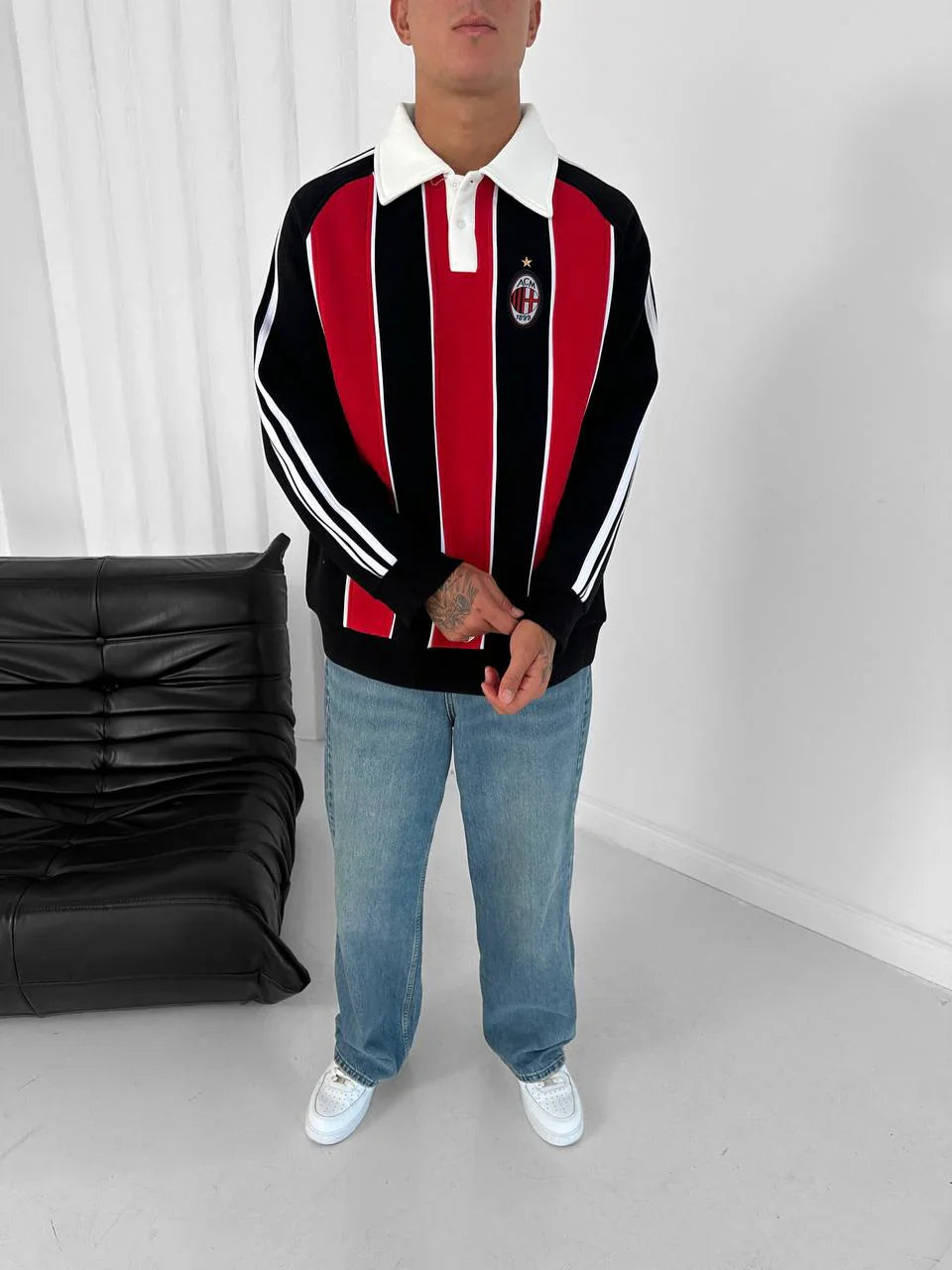 AC Milan Retro Padded Stripe Polo Sweatshirt