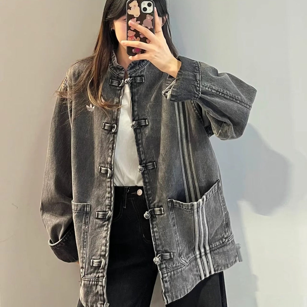 CNY Inspired Denim Mandarin Collar Jacket – Unisex Chinese Knot Streetwear Washed Denim Jacket