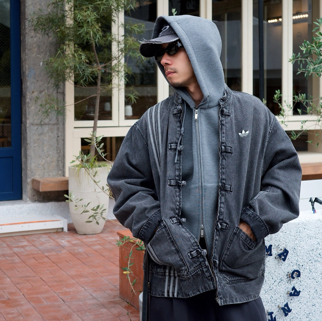 CNY Inspired Denim Mandarin Collar Jacket – Unisex Chinese Knot Streetwear Washed Denim Jacket