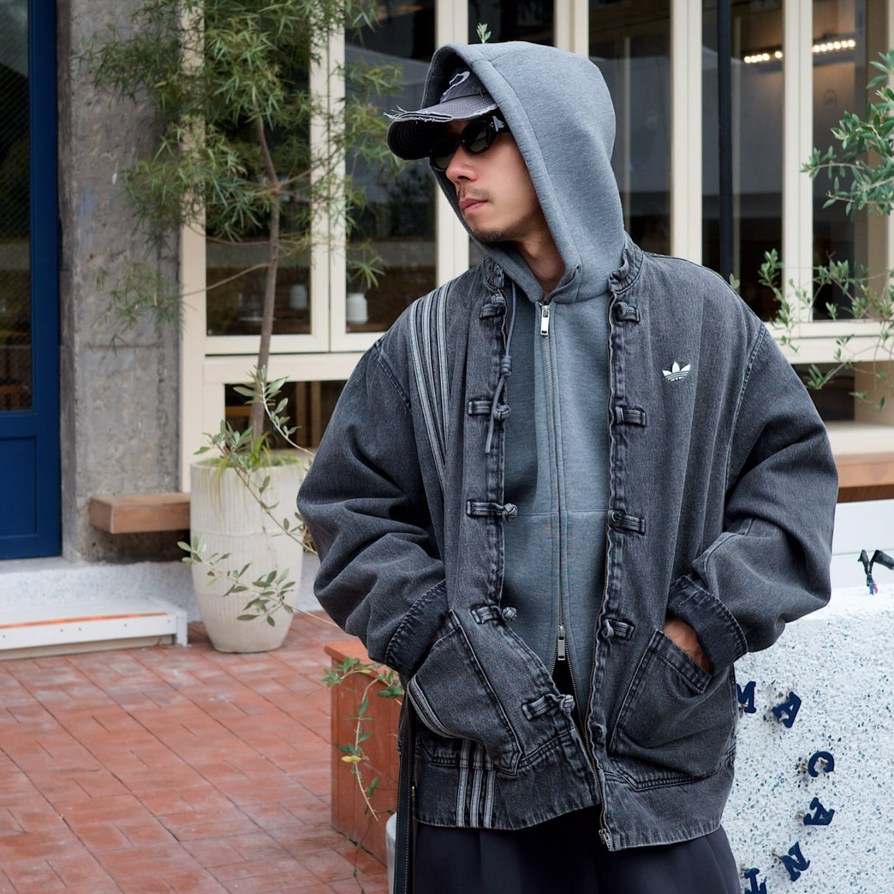 CNY Inspired Denim Mandarin Collar Jacket – Unisex Chinese Knot Streetwear Washed Denim Jacket