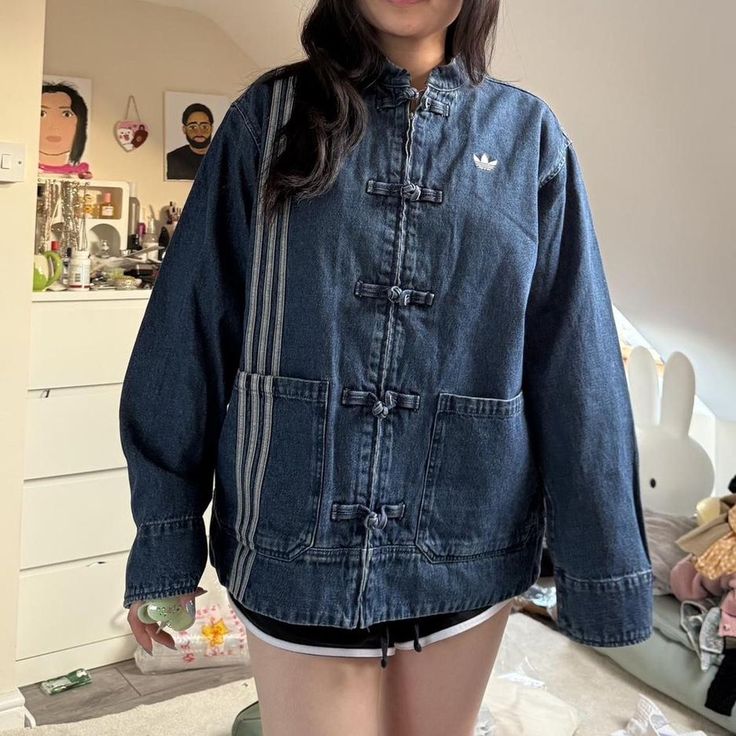Indigo Washed Denim CNY Jacket – Mandarin Collar Chinese Knot Unisex Streetwear Jacket