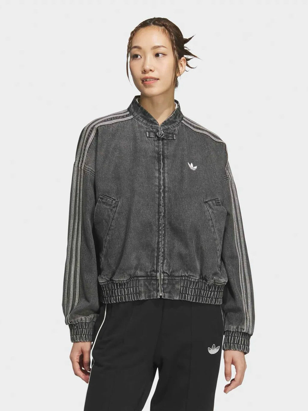Vintage Washed Denim CNY Jacket – Chinese Knot Streetwear Oversized Unisex Jacket with Stripe Sleeves