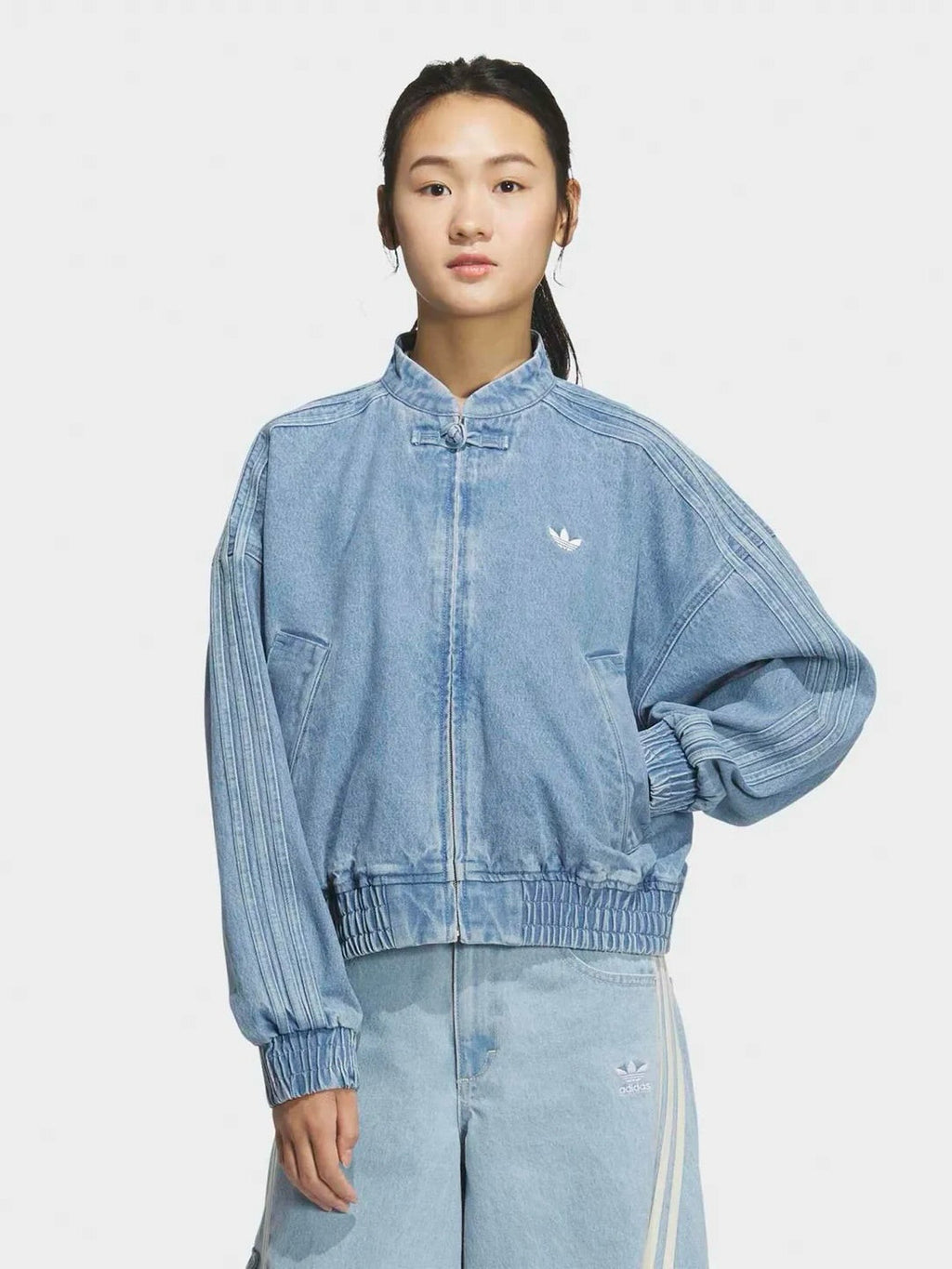 Light Blue Washed Denim CNY Jacket – Oversized Chinese Knot Streetwear Unisex Jacket