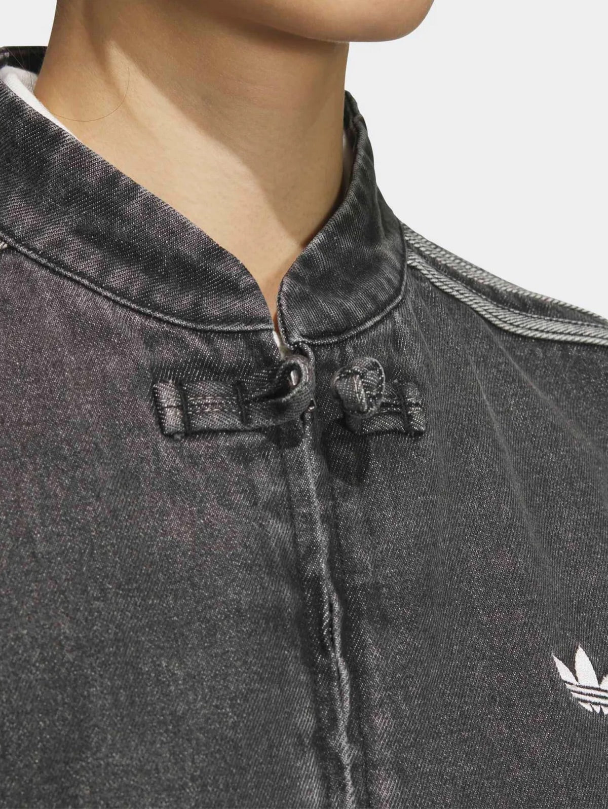 CNY Inspired Denim Mandarin Collar Jacket – Unisex Chinese Knot Streetwear Washed Denim Jacket