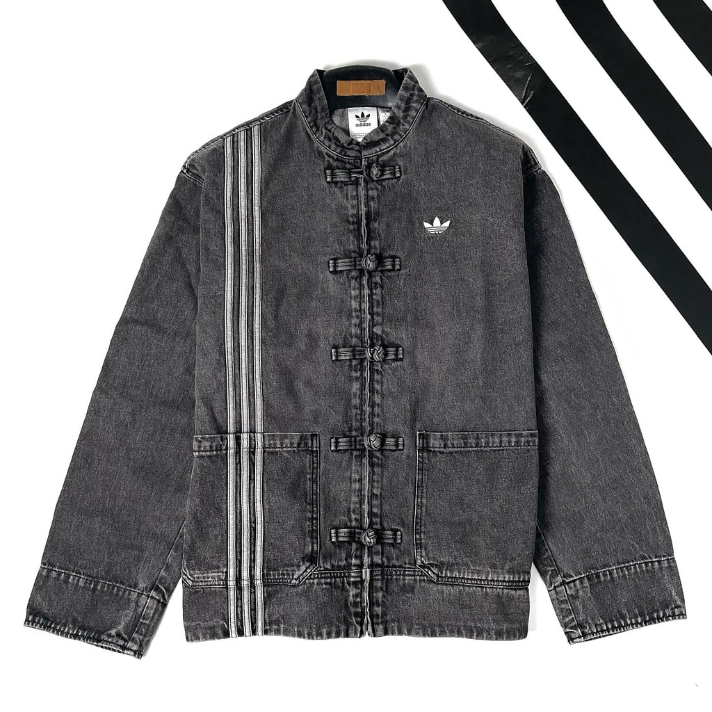CNY Inspired Denim Mandarin Collar Jacket – Unisex Chinese Knot Streetwear Washed Denim Jacket