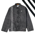 CNY Inspired Denim Mandarin Collar Jacket – Unisex Chinese Knot Streetwear Washed Denim Jacket