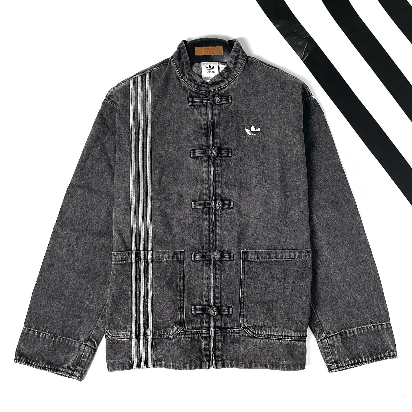 CNY Inspired Denim Mandarin Collar Jacket – Unisex Chinese Knot Streetwear Washed Denim Jacket