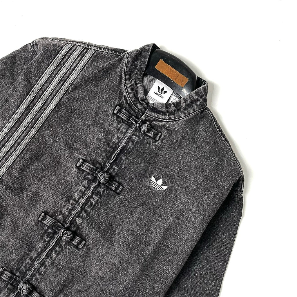 CNY Inspired Denim Mandarin Collar Jacket – Unisex Chinese Knot Streetwear Washed Denim Jacket